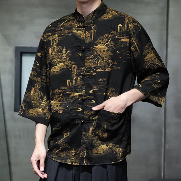 Buddha Stones Spring Frog-Button Dragon Mountain Flower Three Quarter Sleeve Tang Suit Men's Shirt With Pockets - image 35