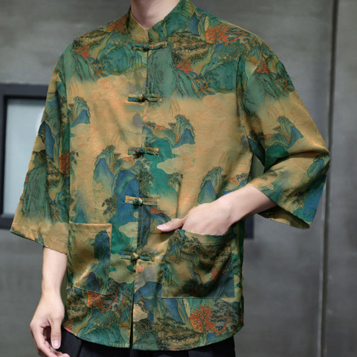Buddha Stones Spring Frog-Button Dragon Mountain Flower Three Quarter Sleeve Tang Suit Men's Shirt With Pockets - image 44