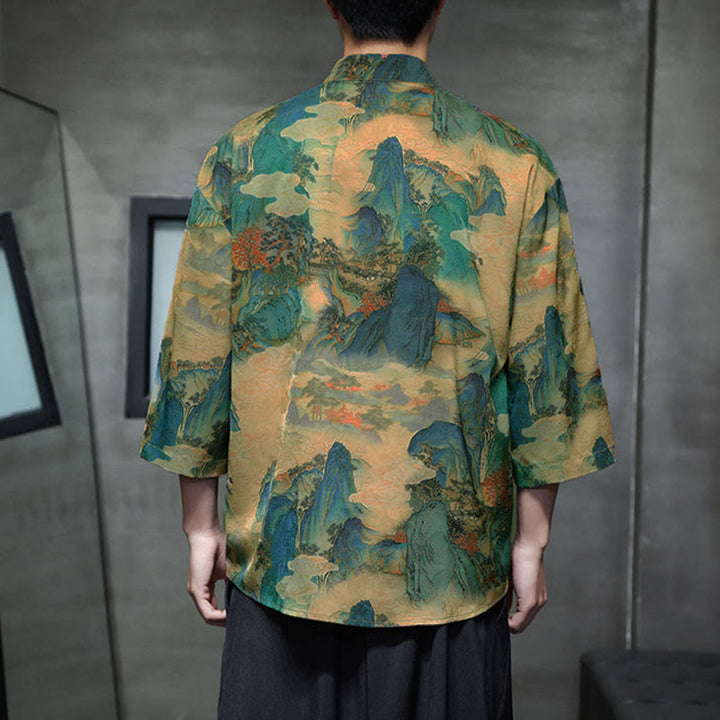 Buddha Stones Spring Frog-Button Dragon Mountain Flower Three Quarter Sleeve Tang Suit Men's Shirt With Pockets - image 45