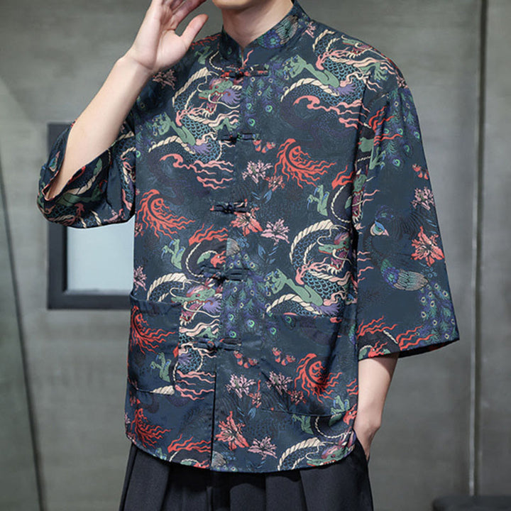 Buddha Stones Spring Frog-Button Dragon Mountain Flower Three Quarter Sleeve Tang Suit Men's Shirt With Pockets - image 27