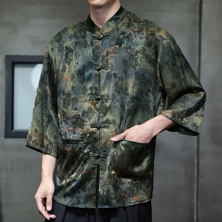 Buddha Stones Spring Frog-Button Dragon Mountain Flower Three Quarter Sleeve Tang Suit Men's Shirt With Pockets - image 54