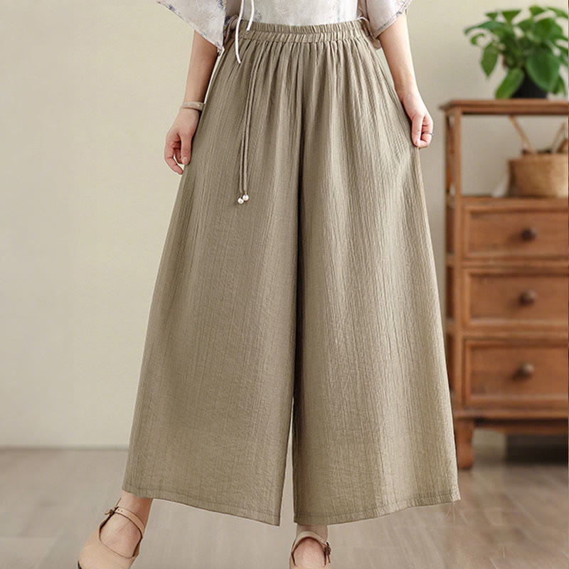 Buddha Stones Solid Color Elastic Waist Design Capri Cropped Women's Wide Leg Pants - image 29