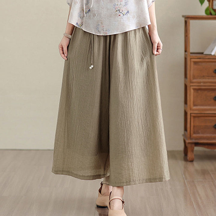 Buddha Stones Solid Color Elastic Waist Design Capri Cropped Women's Wide Leg Pants - image 30