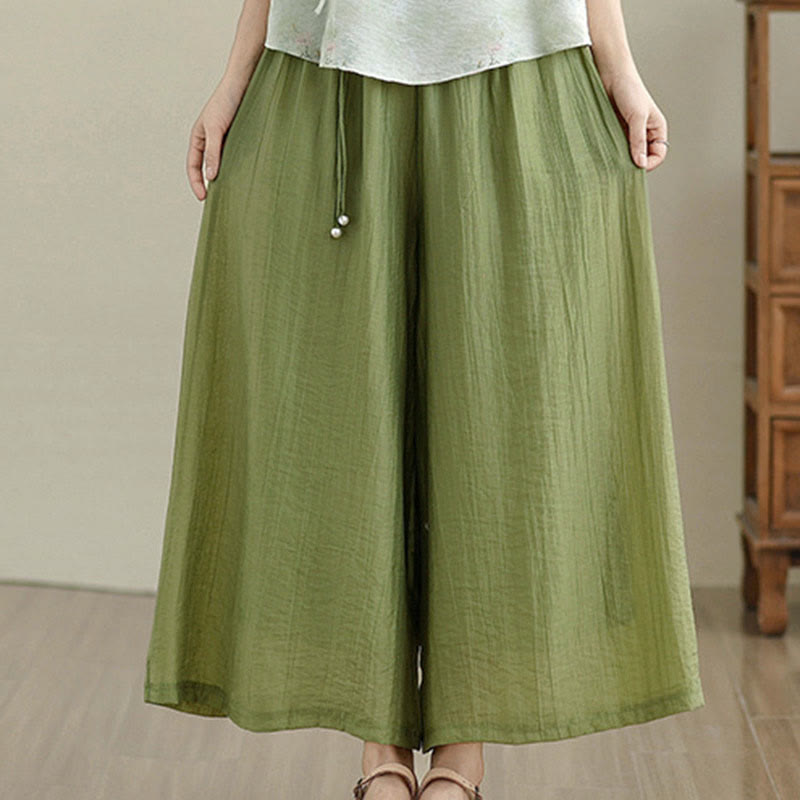Buddha Stones Solid Color Elastic Waist Design Capri Cropped Women's Wide Leg Pants - image 1