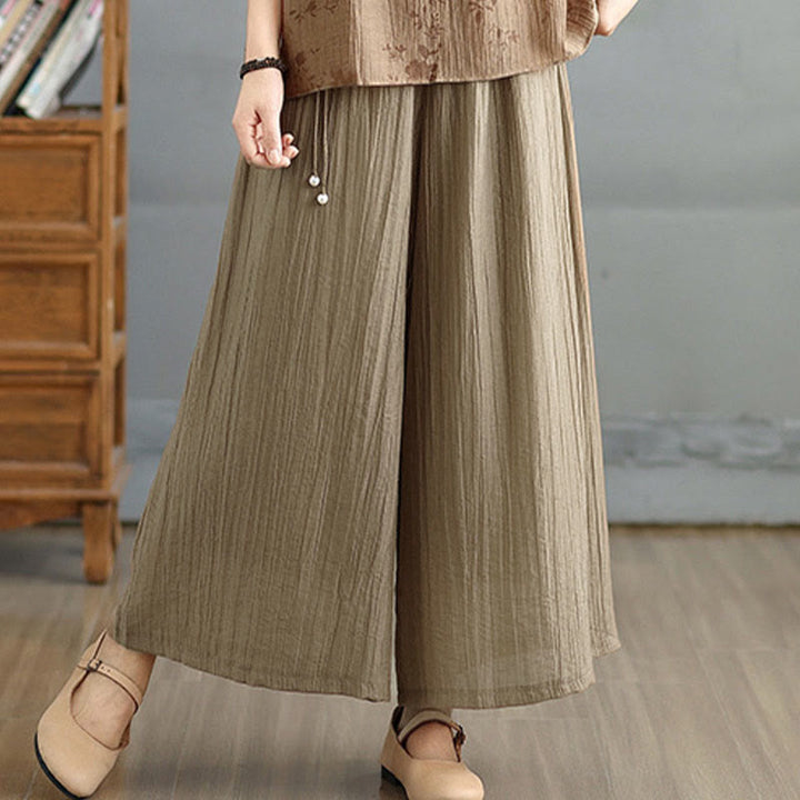 Buddha Stones Solid Color Elastic Waist Design Capri Cropped Women's Wide Leg Pants - image 31