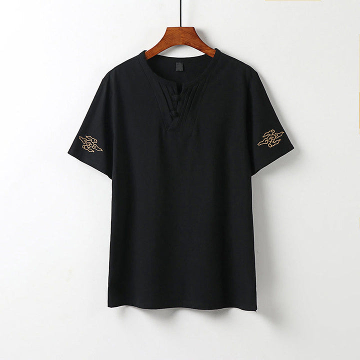 Buddha Stones Summer V-Neck Frog-Button Short Sleeve Clouds Embroidery Cotton Linen Men's Shirt - Black - US/UK/AU54，EU64 (9XL) - image 11