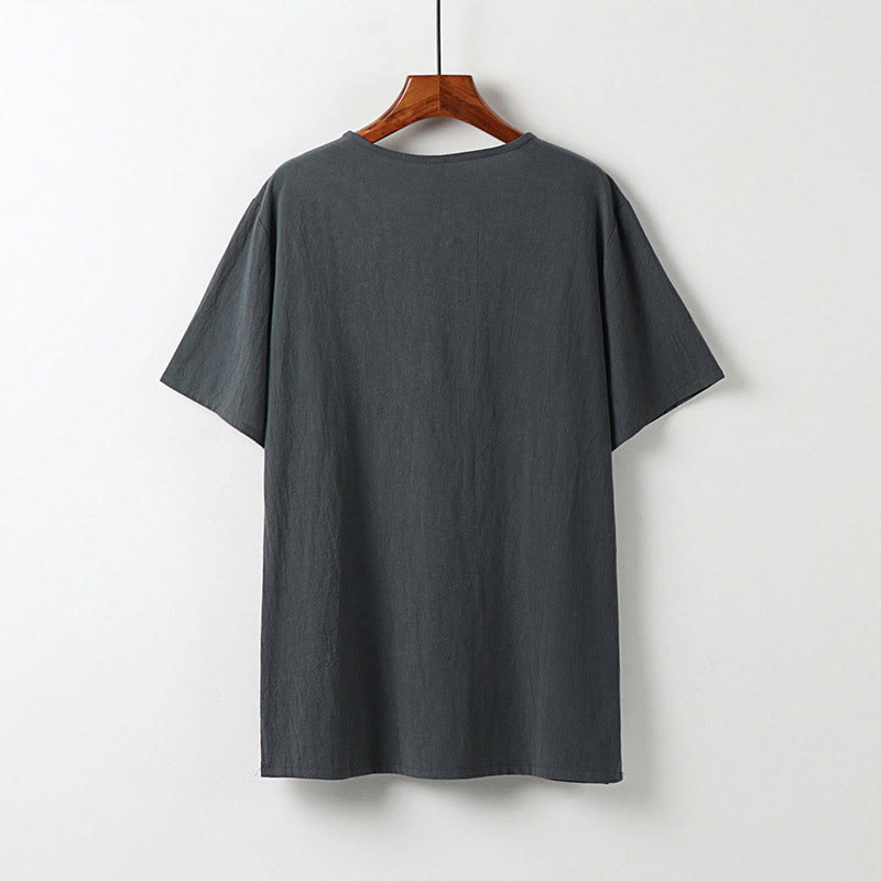 Buddha Stones Summer V-Neck Frog-Button Short Sleeve Clouds Embroidery Cotton Linen Men's Shirt - image 3