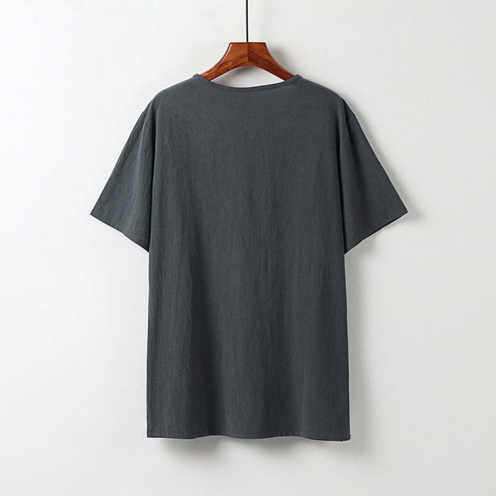 Buddha Stones Summer V-Neck Frog-Button Short Sleeve Clouds Embroidery Cotton Linen Men's Shirt - image 3