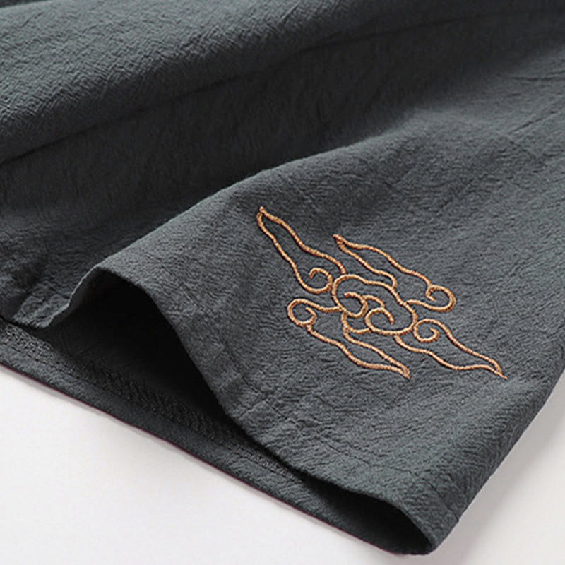 Buddha Stones Summer V-Neck Frog-Button Short Sleeve Clouds Embroidery Cotton Linen Men's Shirt - image 6