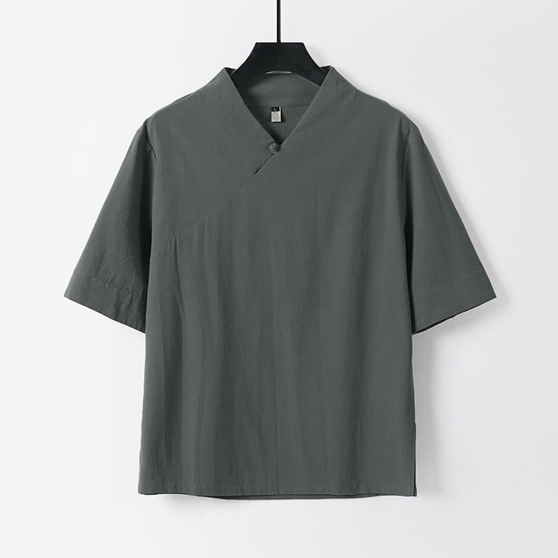 Buddha Stones Summer Simple V-Neck Short Sleeve Cotton Linen Men's Shirt - Gray - US/UK/AU54，EU64 (9XL) - image 0