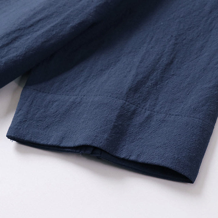 Buddha Stones Summer Simple V-Neck Short Sleeve Cotton Linen Men's Shirt - image 6