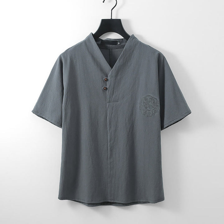 Buddha Stones Summer V-Neck Button Short Sleeve Clouds Embroidery Cotton Linen Men's Shirt - Gray - US/UK/AU56，EU66 (9XL) - image 1