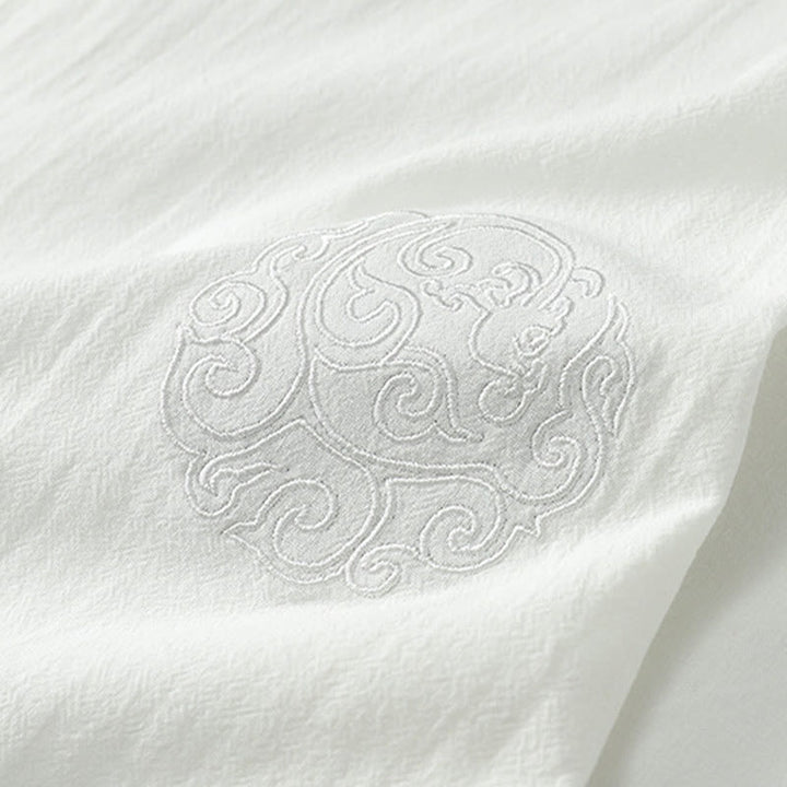 Buddha Stones Summer V-Neck Button Short Sleeve Clouds Embroidery Cotton Linen Men's Shirt - image 8