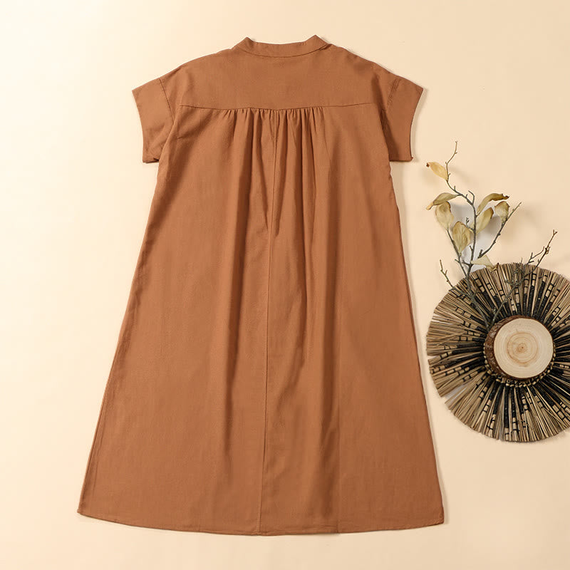 Buddha Stones Summer Solid Color Stand Collar A-line Design Short Sleeve Midi Dress - image 1