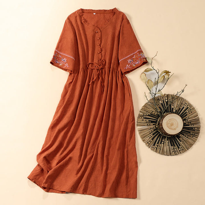 Buddha Stones Summer V-Neck Floral Embroidery Design Short Sleeve Cotton Midi Dress With Pockets - Tomato - US8-10，UK/AU12-14，EU40-42 (2XL) - image 0