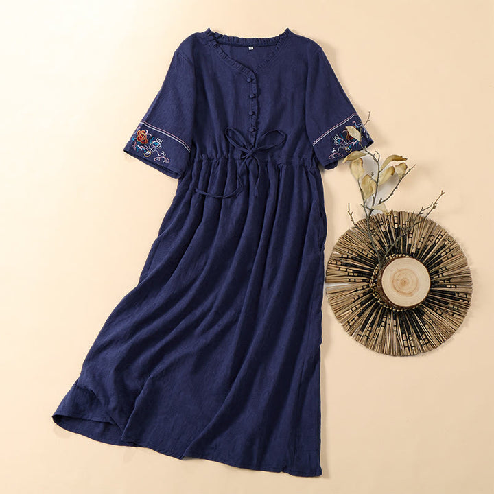 Buddha Stones Summer V-Neck Floral Embroidery Design Short Sleeve Cotton Midi Dress With Pockets - SteelBlue - US8-10，UK/AU12-14，EU40-42 (2XL) - image 7