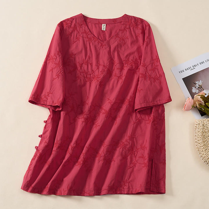 Buddha Stones Spring V-Neck Long Sleeve Leaf Pattern Women's Cotton Shirt  - Red - US8-10，UK/AU12-14，EU40-42 (2XL) - image 17