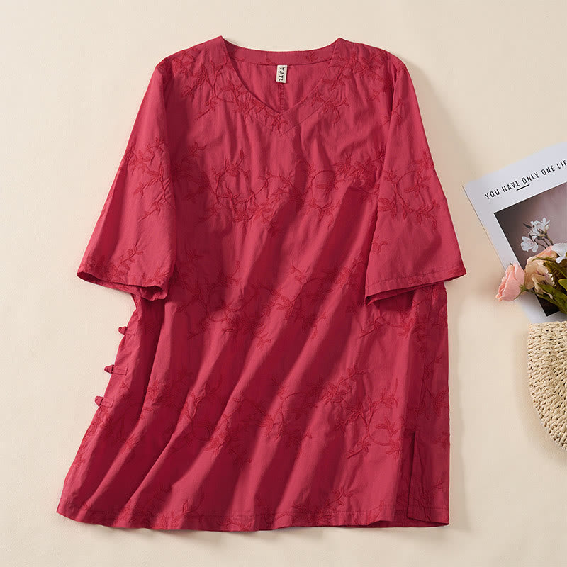 Buddha Stones Spring V-Neck Long Sleeve Leaf Pattern Women's Cotton Shirt  - Red - US8-10，UK/AU12-14，EU40-42 (2XL) - image 17