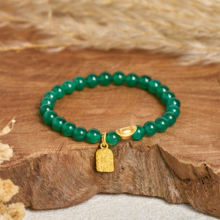 Buddha Stones Green Agate Ingot Fu Character Relaxation Hope Bracelet - Green Agate (Wrist Circumference: 14-15cm) - image 0