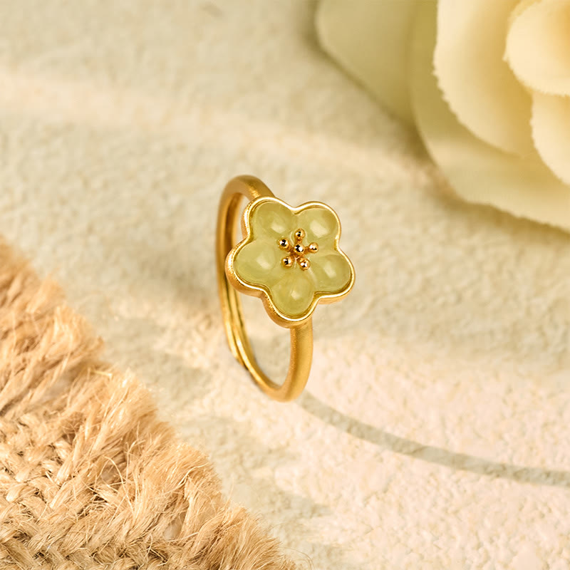 Buddha Stones Plum Blossom Hetian Jade Copper Luck Ring - Hetian Jade Copper(Adjustable) - image 0