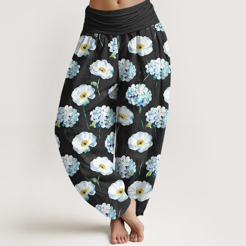 Buddha Stones Cotton Fresh Elegant Flower Pattern Women's Elastic Waist Harem Pants - Black - US16，UK/AU20，EU48 (3XL) - image 5