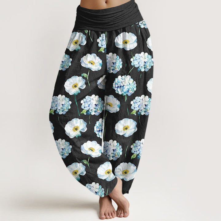 Buddha Stones Cotton Fresh Elegant Flower Pattern Women's Elastic Waist Harem Pants - Black - US16，UK/AU20，EU48 (3XL) - image 5