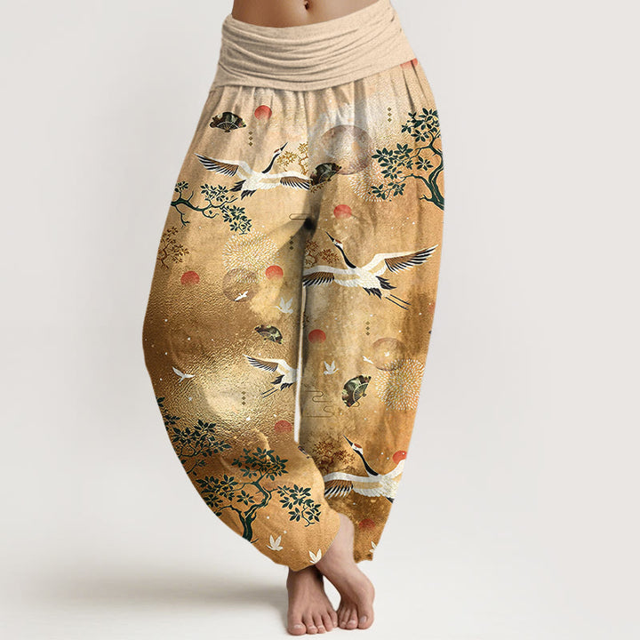 Buddha Stones Cotton Traditional Crane Pine Tree Bird Fan Sun Pattern Women's Elastic Waist Harem Pants - Goldenrod - US16，UK/AU20，EU48 (3XL) - image 0