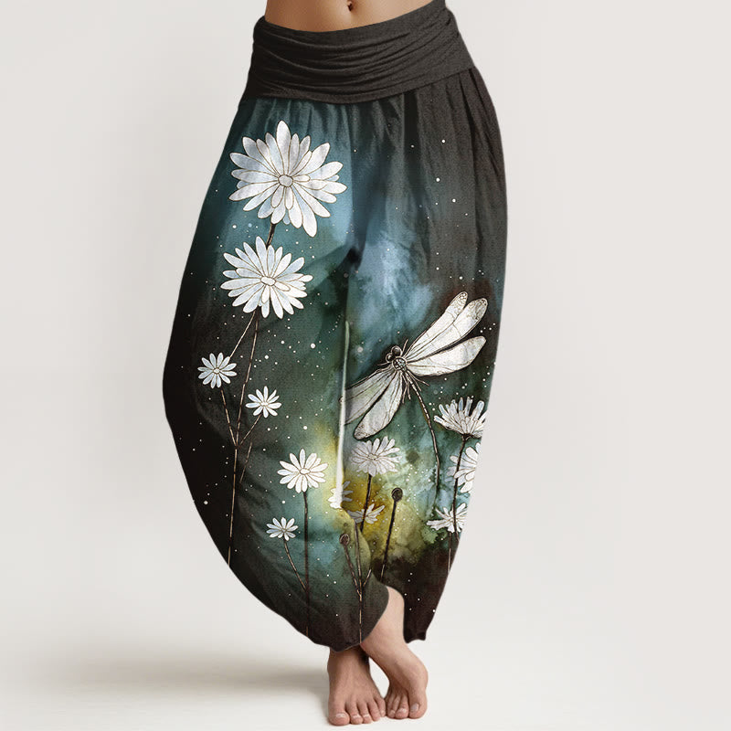 Buddha Stones Cotton Dreamy Daisy Dragonfly Pattern Women's Elastic Waist Harem Pants - Black - US16，UK/AU20，EU48 (3XL) - image 5