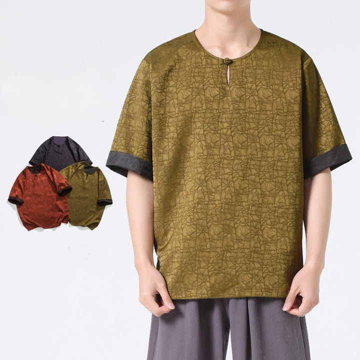 Buddha Stones Summer Retro Crackle Auspicious Cloud Pattern Short Sleeve Men's T-shirt - image 0