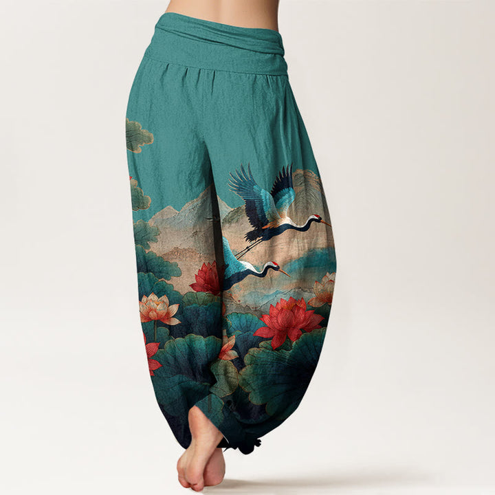 Buddha Stones Cotton Classical Lotus Flower Leaf Crane Mountain Pattern Women's Elastic Waist Harem Pants - image 6