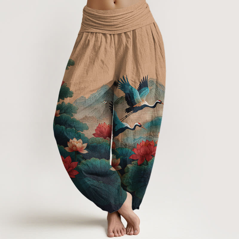 Buddha Stones Cotton Classical Lotus Flower Leaf Crane Mountain Pattern Women's Elastic Waist Harem Pants - SandyBrown - US16，UK/AU20，EU48 (3XL) - image 8