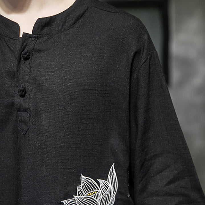 Buddha Stones Summer Embroidered Lotus Dragonfly Pattern Chinese Frog-Button Men's Short Sleeve T-shirt - image 7