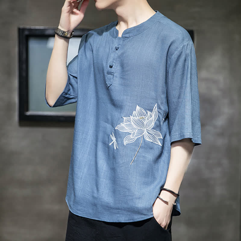 Buddha Stones Summer Embroidered Lotus Dragonfly Pattern Chinese Frog-Button Men's Short Sleeve T-shirt - image 19