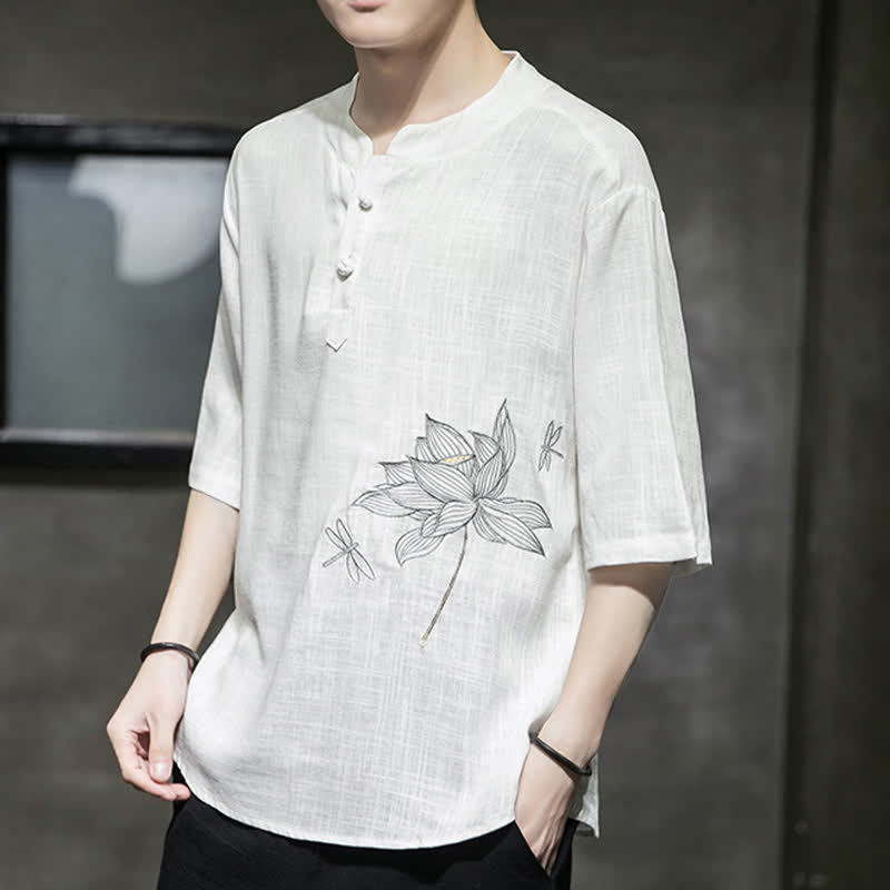 Buddha Stones Summer Embroidered Lotus Dragonfly Pattern Chinese Frog-Button Men's Short Sleeve T-shirt - image 11