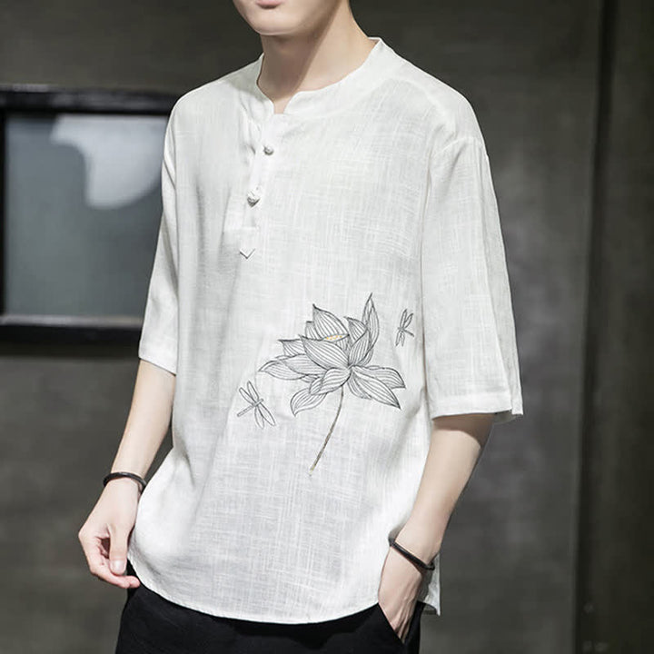 Buddha Stones Summer Embroidered Lotus Dragonfly Pattern Chinese Frog-Button Men's Short Sleeve T-shirt - image 11