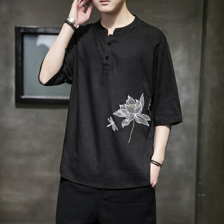 Buddha Stones Summer Embroidered Lotus Dragonfly Pattern Chinese Frog-Button Men's Short Sleeve T-shirt - image 1
