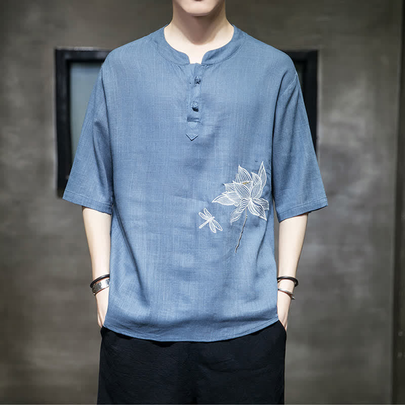 Buddha Stones Summer Embroidered Lotus Dragonfly Pattern Chinese Frog-Button Men's Short Sleeve T-shirt - image 21