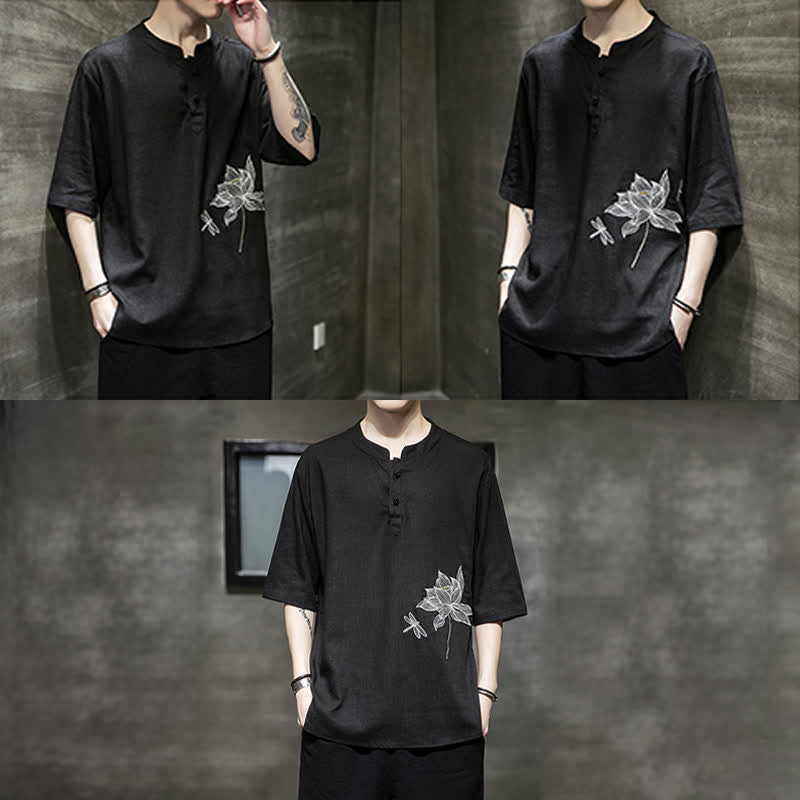 Buddha Stones Summer Embroidered Lotus Dragonfly Pattern Chinese Frog-Button Men's Short Sleeve T-shirt - image 9