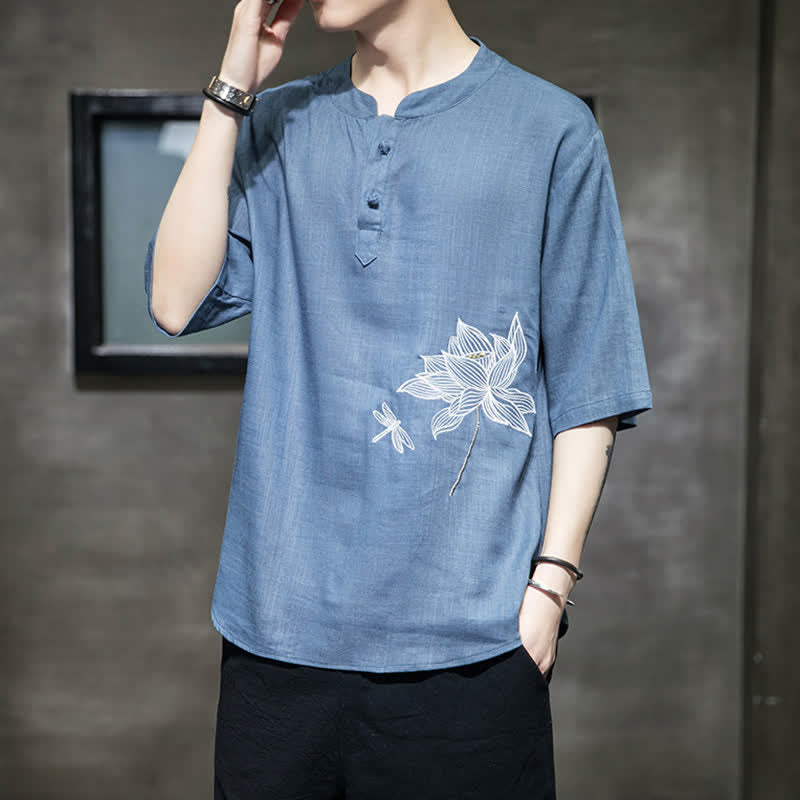 Buddha Stones Summer Embroidered Lotus Dragonfly Pattern Chinese Frog-Button Men's Short Sleeve T-shirt - CornflowerBlue - US/UK/AU46，EU56 (5XL) - image 18