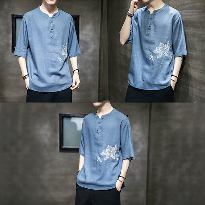 Buddha Stones Summer Embroidered Lotus Dragonfly Pattern Chinese Frog-Button Men's Short Sleeve T-shirt - image 25