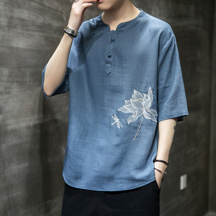 Buddha Stones Summer Embroidered Lotus Dragonfly Pattern Chinese Frog-Button Men's Short Sleeve T-shirt - image 23
