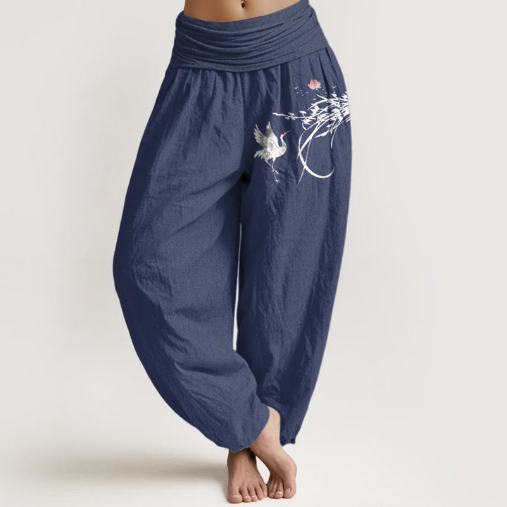 Buddha Stones Pure Cotton Minimalist Style Crane Lotus Branch Leaf Pattern Women's Elastic Waist Harem Pants - DarkSlateBlue - US16，UK/AU20，EU48 (3XL) - image 8