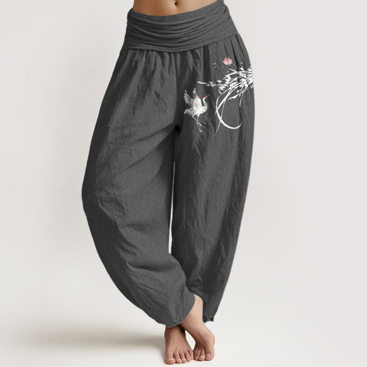 Buddha Stones Pure Cotton Minimalist Style Crane Lotus Branch Leaf Pattern Women's Elastic Waist Harem Pants - DimGray - US16，UK/AU20，EU48 (3XL) - image 11