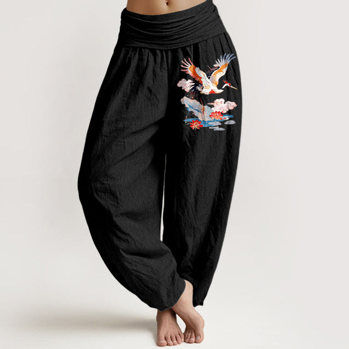Buddha Stones Pure Cotton Colourful Crane Lotus Leaf Flower Cloud Pattern Women's Elastic Waist Harem Pants - Black - US16，UK/AU20，EU48 (3XL) - image 0