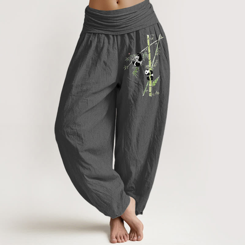Buddha Stones Pure Cotton Simple Style Panda Bamboo Pattern Women's Elastic Waist Harem Pants - DimGray - US16，UK/AU20，EU48 (3XL) - image 8