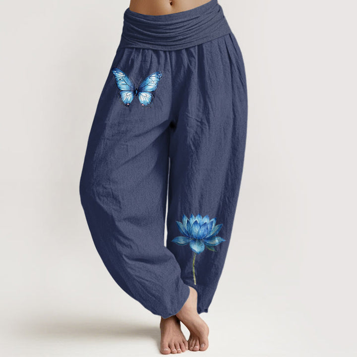 Buddha Stones Pure Cotton Dreamy Butterfly Lotus Pattern Women's Elastic Waist Harem Pants - DarkSlateBlue - US16，UK/AU20，EU48 (3XL) - image 5