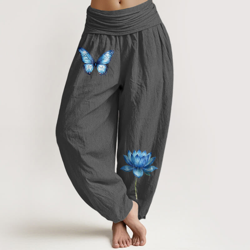 Buddha Stones Pure Cotton Dreamy Butterfly Lotus Pattern Women's Elastic Waist Harem Pants - DimGray - US16，UK/AU20，EU48 (3XL) - image 8