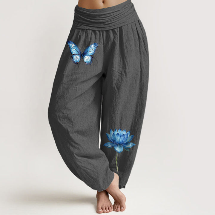 Buddha Stones Pure Cotton Dreamy Butterfly Lotus Pattern Women's Elastic Waist Harem Pants - DimGray - US16，UK/AU20，EU48 (3XL) - image 8