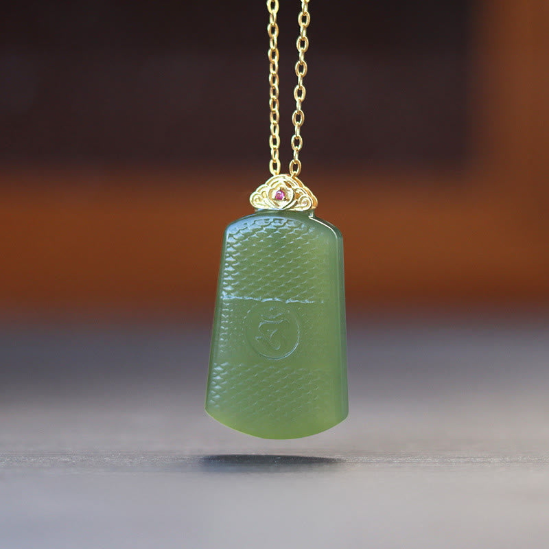 Buddha Stones Hetian Jade 925 Sterling Silver Om Symbol Prosperity Necklace Pendant - Dark Hetian Jade 925 Sterling Silver - image 0