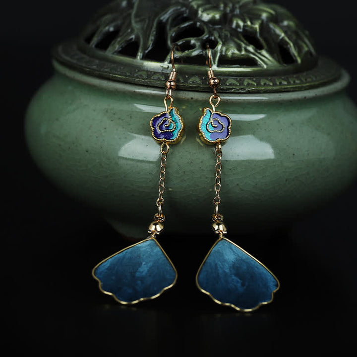 Buddha Stones Handcrafted Silk Art Petal Good Fortune Blessing Dangle Hook Earrings - image 3